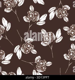 Grafica a inchiostro di mirtilli motivo senza cuciture con gambo di frutti di bosco selvaggio con contorno a foglie.sfondo floreale per design artigianale, clipa vegana Illustrazione Vettoriale