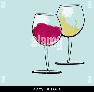 Bicchieri di vino rosso e bianco ad acqua sono visti isolati su uno sfondo in questa illustrazione 3D. Illustrazione Vettoriale