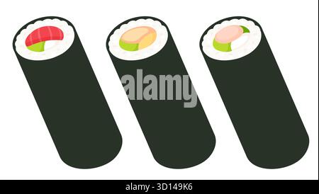 Set da disegno per sushi Futomaki. Involtini non tagliati con ingredienti diversi, salmone, gamberi tempura. Semplice illustrazione vettoriale dei cartoni animati. Illustrazione Vettoriale