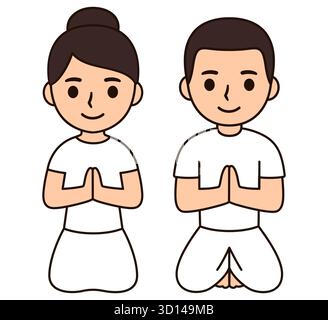 Carino cartone animato uomo e donna buddista in abiti bianchi che rispettano lo stile thailandese seduto con le mani piegate. Semplice disegno di illustrazione vettoriale. Illustrazione Vettoriale