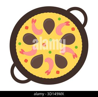 Semplice icona della paella di pesce. Piatto spagnolo tradizionale. Illustrazione piatta del vettore del cartone animato. Illustrazione Vettoriale