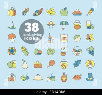 Una collezione completa di 38 icone d'arte di linea per il Ringraziamento e le vacanze autunnali. Il set include una varietà di simboli tradizionali, perfetti per W Illustrazione Vettoriale