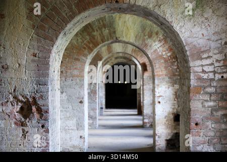 Vecchio tunnel di mattoni con l'oscurità nelle profondità. Corridoio sotterraneo con soffitto ad arco, concetto di storia, luoghi abbandonati o suspense Foto Stock