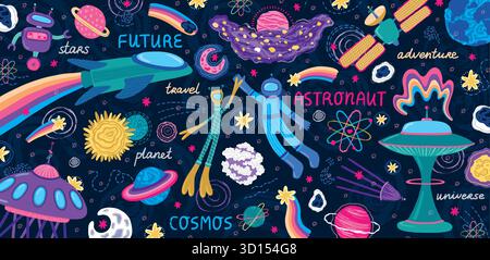 Razzo nello spazio. Graziosa costellazione di baby Planet, kawaii satellite bambino o cosmo, asteroide lunare. Cometa cosmica, scienza e tecnologia. Disegno dello sfondo vettoriale, illustrazione isolata in stile cartoni animati Illustrazione Vettoriale