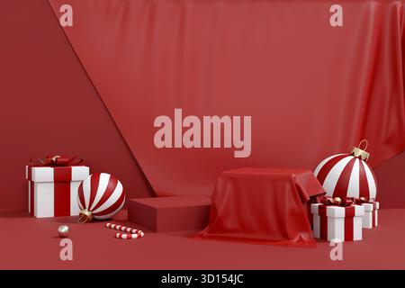 Rendering 3D di un podio natalizio rosso rivestito di tessuto, con regali e ornamenti. Adatto per le festività natalizie e per l'esposizione dei prodotti. Foto Stock