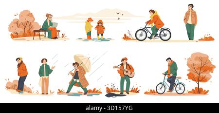 Pioggia autunnale. Personaggi con ombrello, clima autunnale in città. Coppia, bambini in bicicletta all'aperto, tempo piovoso. Personaggi che camminano nel parco. Illustrazione isolata piatta del cartone animato vettoriale Illustrazione Vettoriale