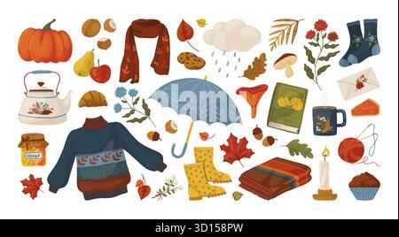 Elementi autunnali. Comodi abiti autunnali, foglie di stagione, sciarpa e maglione a maglia, simpatica foglia di scarabocchio. Tè e stivali. Oggetti decorativi per il design. Set di adesivi per illustrazioni isolate in stile cartoni animati vettoriali Illustrazione Vettoriale