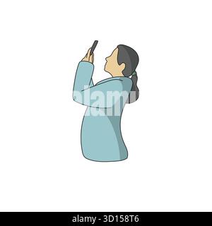 vista laterale della donna che utilizza il vettore di illustrazione del telefono cellulare disegnato a mano con linee nere Illustrazione Vettoriale