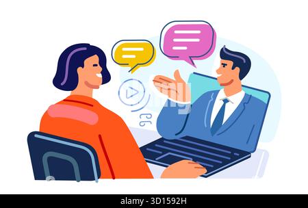 E-learning online a casa tramite webinar o corsi. Sviluppo moderno della conoscenza utilizzando l'insegnamento della formazione su Internet Illustrazione Vettoriale