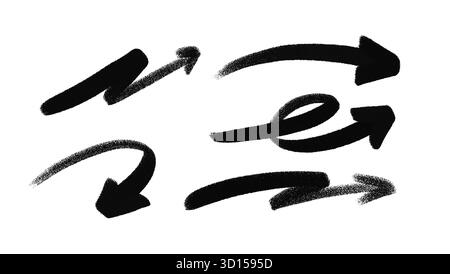 Frecce di vernice spray impostate in stile grunge graffiti. Collezione vettoriale di scarabocchi con tratti testurizzati, frecce disegnate a mano per la navigazione e il movimento Illustrazione Vettoriale