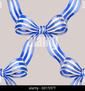 Arco in coquette blu acquerello. Nastro blu brillante motivo senza cuciture disegnato a mano Foto Stock