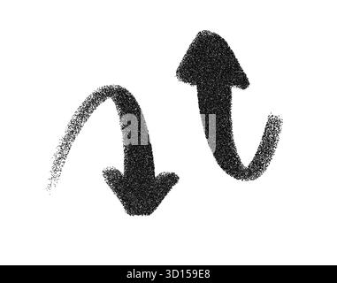 Set di vettori delle frecce di verniciatura a spruzzo rivolti verso l'alto e verso il basso. Simboli grunge in stile graffiti con tratti testurizzati, frecce disegnate a mano per il movimento Illustrazione Vettoriale