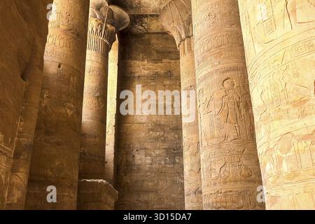 Geroglifici egiziani e disegni sulle pareti e colonne. Lingua egiziana, la vita delle antiche divinità e la gente in geroglifici e disegni Foto Stock