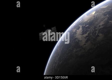 Il satellite che vola sopra il pianeta terra. Spazio nella rappresentazione dell'artista Foto Stock