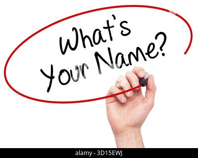 Man mano che scrive qual è il tuo nome? Con il pennarello nero su schermo visivo. Isolato su sfondo. Business, tecnologia internet concetto. Stock Photo Foto Stock