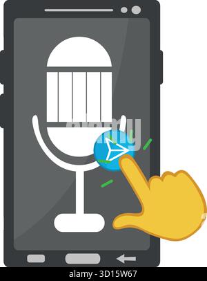illustrazione vettoriale, mano gialla, premere il pulsante di invio audio, icona del concetto del telefono cellulare Illustrazione Vettoriale