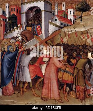 ANDREA DI BARTOLO (B. 1360/70, Siena, d. 1428, Siena) Cristo sulla strada per il Calvario 1415-20 Tempera su legno, 55 x 49 cm Fundación Colección Thyssen-Bornemisza, Pedralbes il dipinto mostra Cristo sulla strada per il Calvario recante la croce sulla schiena. Dietro di lui, una figura che è probabilmente Simon di Cirene lo aiuta a sopportare la croce, mentre davanti un'altra figura tira una corda intorno al collo. Cristo volge la testa indietro verso sua madre, la Vergine Maria, che tiene impotente le braccia verso il figlio. Dietro di lei ci sono le sante donne, riconoscibili dalle loro aule. Il compositio Foto Stock
