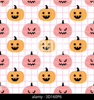 Carino motivo senza cuciture Pumpkin rosa e arancione, sfondo di Halloween Kawaii Illustrazione Vettoriale