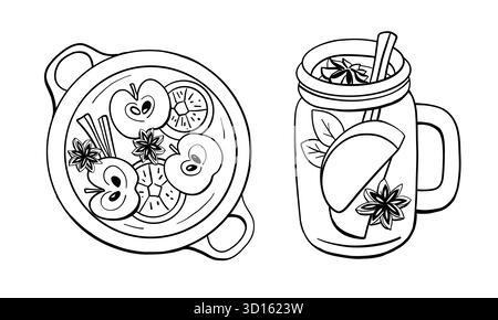 Sidro di mele speziato, illustrazione della bevanda in stile doodle. Bevande invernali e autunnali con fette di mele, chiodi di garofano, cannella, anice stellato. Bevete per la stagione Illustrazione Vettoriale