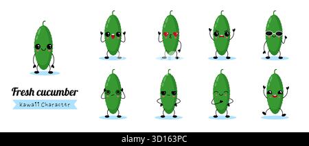 Set vettoriale di caratteri cetrioli verdi in stile kawaii con emozioni diverse. Simpatica e giocosa illustrazione vegetale per adesivi e design proje Illustrazione Vettoriale