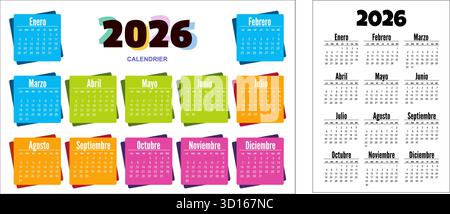 Francese. Anno solare Rainbow 2026. calendario vettoriale. La settimana inizia lunedì. Illustrazione vettoriale Illustrazione Vettoriale