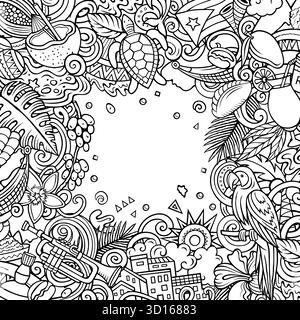 Illustrazione della cornice vettoriale del doodle dei cartoni animati di Porto Rico. Divertente design stravagante del confine portoricano. Elementi tropicali caraibici Illustrazione Vettoriale