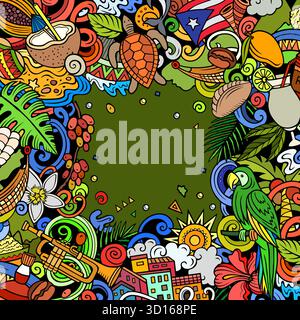 Illustrazione della cornice vettoriale del doodle dei cartoni animati di Porto Rico. Divertente design stravagante del confine portoricano. Elementi tropicali caraibici in una vivace e giocosa st Illustrazione Vettoriale