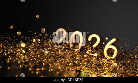Testo golden 2026 sotto coriandoli dorati e fuochi d'artificio - rendering 3D - sfondo nero Foto Stock