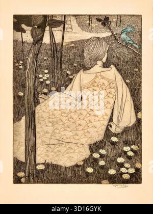 Vojtěch Preissig - Bluebird - 1903 - raffigura una giovane donna seduta in un campo di fiori, vista da dietro. Viene mostrata in un momento di osservazione tranquilla, guardando un piccolo uccello blu appollaiato su un ramo. L'opera è conosciuta per la sua qualità lirica e lo stile decorativo, che era caratteristico della stampa di Preissig durante questo periodo. Il motivo "Blue Bird" fu utilizzato anche per un francobollo cecoslovacco nel 1988. Foto Stock