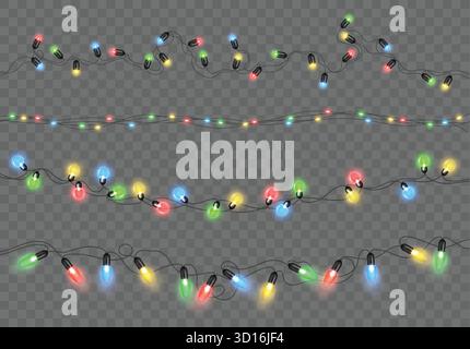 Luci di Natale. ghirlanda di Natale realistica in 3D, decorazioni per feste con lampadine dai colori brillanti. Carnevale delle vacanze invernali, ghirlande luminose orizzontali. Set isolato vettoriale. Illustrazione Vettoriale