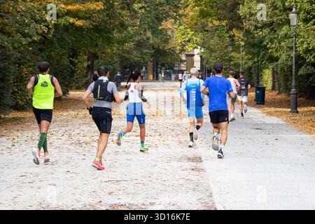 I partecipanti alla maratona corrono attraverso il panoramico parco autunnale mostrando energia resistenza e lavoro di squadra in un evento sportivo all'aperto di stile di vita sano. Foto Stock