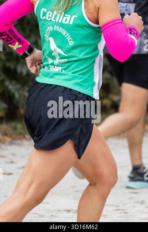 I partecipanti alla maratona corrono attraverso il panoramico parco autunnale mostrando energia resistenza e lavoro di squadra in un evento sportivo all'aperto di stile di vita sano. Foto Stock