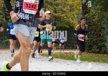 I partecipanti alla maratona corrono attraverso il panoramico parco autunnale mostrando energia resistenza e lavoro di squadra in un evento sportivo all'aperto di stile di vita sano. Foto Stock