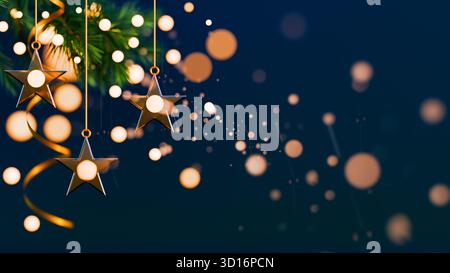 Gli ornamenti scintillanti delle stelle sono appesi su un ramo dell'albero di Natale con luci festive sfocate sullo sfondo. rendering 3d. Foto Stock