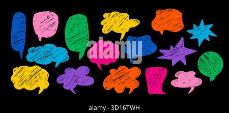 Set abstract Crayon Speech Bubble. Gesso di curvatura colorato forma libera disegnato a mano varie forme. Spaghetti testurizzati isolati. Vari discorsi, pensieri, e.. Illustrazione Vettoriale