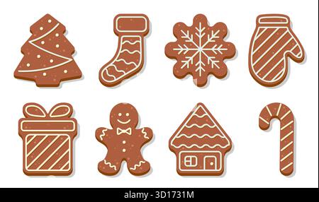 Set di biscotti di pan di zenzero natalizio. Carino uomo di pane allo zenzero, albero, calzino, fiocco di neve, guanti, confezione regalo, casa e canna da zucchero. Illustrazione vettoriale piatta. Illustrazione Vettoriale
