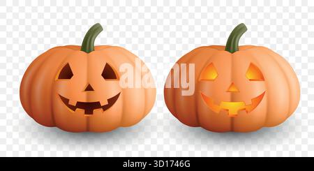 Zucche di Halloween realistiche in 3d vettoriali con facce intagliate, isolate. Due Lanterne Jack o illuminate di luce arancione. Divertenti zucche spaventose per Halloween Illustrazione Vettoriale
