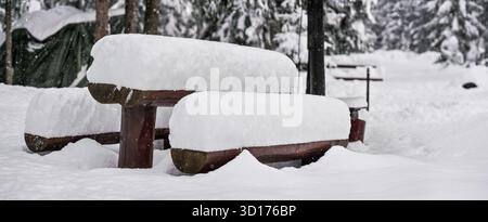 Panche da picnic e scrivania coperte di neve profonda durante l'inverno, alberi di foresta sullo sfondo Foto Stock