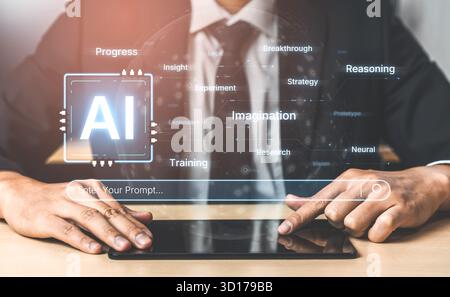 Un concetto di intelligenza artificiale cognitiva che mette in evidenza i suoi processi creativi e strategici. Il sistema usa immaginazione, ragionamento e ricerca per generare una nuova i Foto Stock