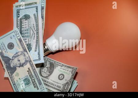 Vengono mostrati soldi e una lampadina, simboleggiando le risorse finanziarie. Questa immagine riflette il concetto di lotte finanziarie. Foto Stock