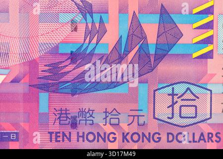 The image is a close-up of a Hong Kong ten dollar banknote featuring geometric patterns and text. Foto Stock