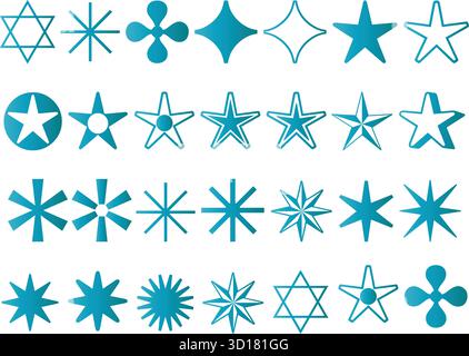 Collezione di varie forme a stella blu e design geometrici isolati su sfondo bianco Illustrazione Vettoriale