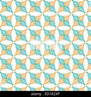 Intricato motivo a mosaico geometrico con forme a rombo ripetute in arancione e verde acqua isolate su sfondo bianco Illustrazione Vettoriale