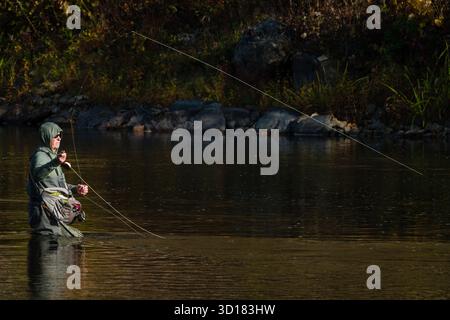 Pesca con la mosca Housatonic River   Cornovaglia, Connecticut, Stati Uniti Foto Stock