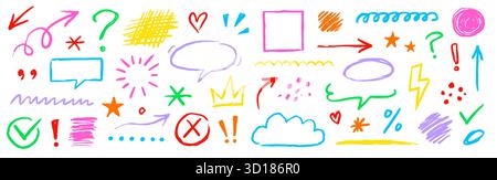 Set di elementi a forma di matita in gesso pastello. Matita per pastelli disegnata a mano per bambini, freccia con pennello texture, evidenziazione, spaghetti con cornice. Freccia marcatore, scarpetta in gesso sottolineata, enfasi. Illustrazione vettoriale Illustrazione Vettoriale