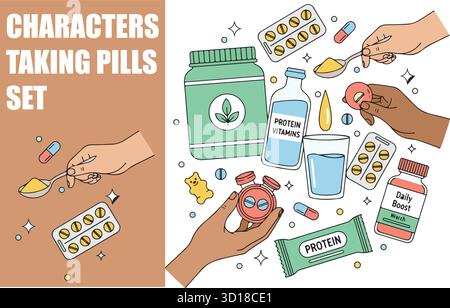 Set di integratori sanitari. Personaggi che prelevano pillole, vitamine, minerali, proteine in polvere da bottiglie e barattoli. Illustrazione vettoriale. Illustrazione Vettoriale