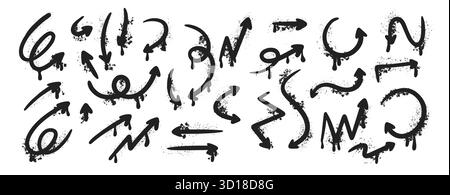 Serie di frecce graffiti. Spruzzare la vernice disegnata a mano per disegnare i simboli dei doodle. Icone di Street art per il design urbano, poster e stile hip hop. Isolato Illustrazione Vettoriale