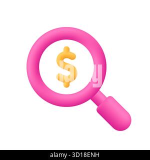 Lente d'ingrandimento rosa con un simbolo del dollaro dorato all'interno. Analisi finanziaria, ricerca di denaro, confronto dei prezzi, ricerca aziendale, prezzo di offerta e valuta Illustrazione Vettoriale