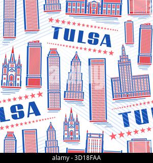 Vector Tulsa Seamless Pattern, sfondo urbano con illustrazione del moderno paesaggio patriottico della città di tulsa su sfondo bianco per tessuti o tessuti Illustrazione Vettoriale