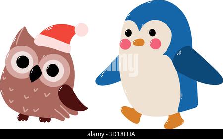 Set vettoriale natalizio colorato con gufo e pinguino. Stravaganti scarabocchi per le vacanze, ideali per progetti di festa. per striscioni e biglietti d'auguri Illustrazione Vettoriale